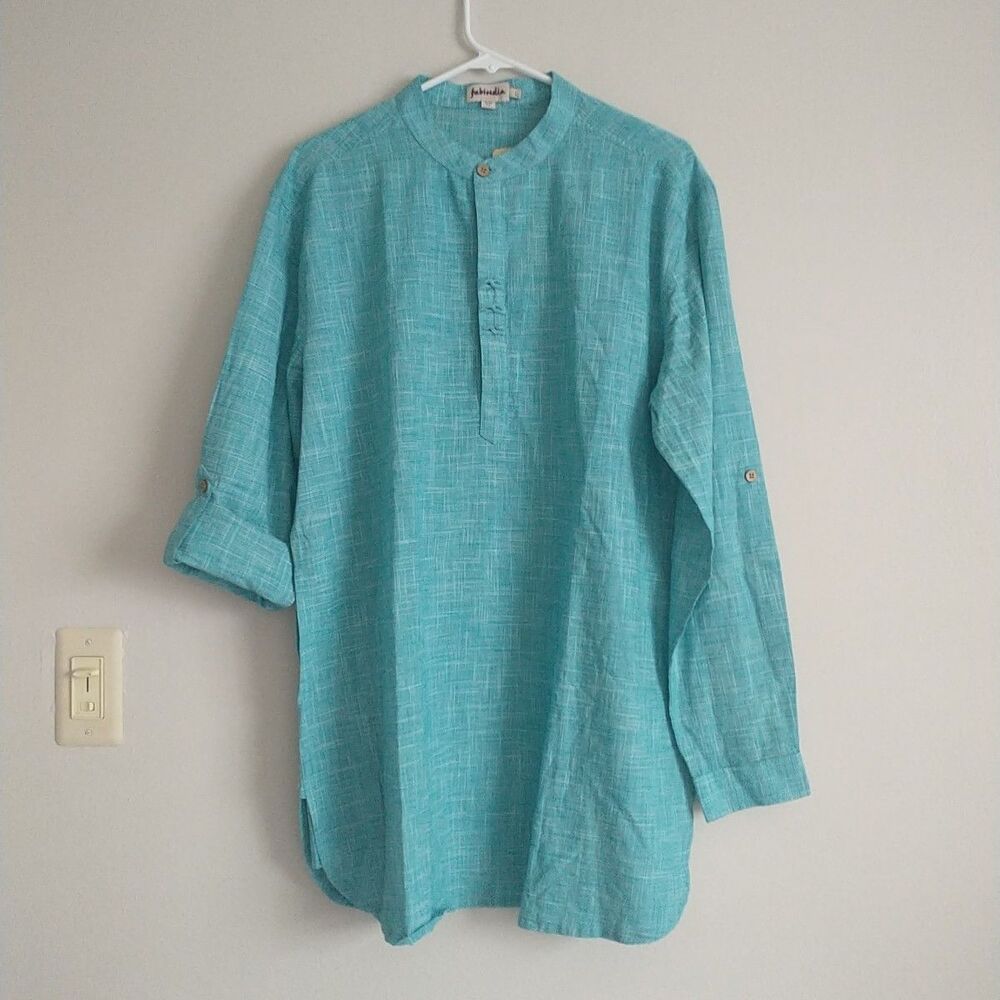 New FABINDIA Mens Kurta Short Turquoise Teal Blue L Slim Fit 100%Cotton